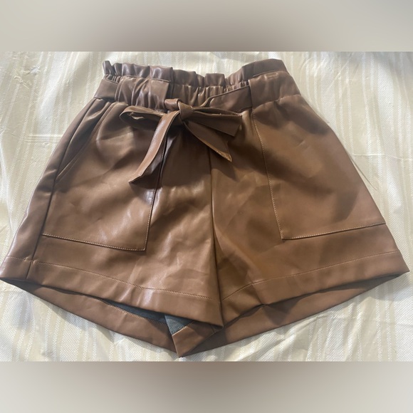 Olivaceous Pants - Olivaceous Women’s Brown/Tan Vegan Leather Shorts with front tie detail size L
